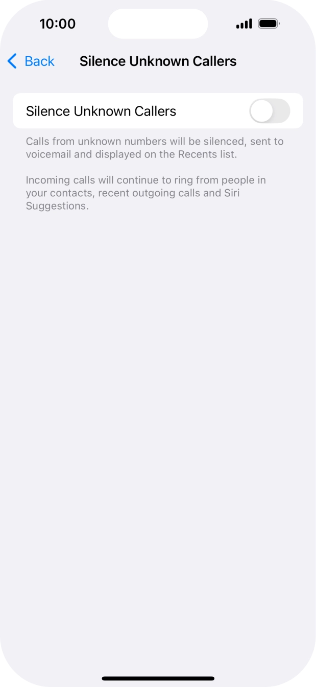 Press the indicator next to 'Silence Unknown Callers' to turn the function on or off.