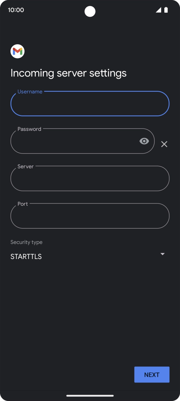 Press the field below 'Server' and key in the name of your email provider's incoming server. Press the field below 'Server' and key in the name of your email provider's incoming server.