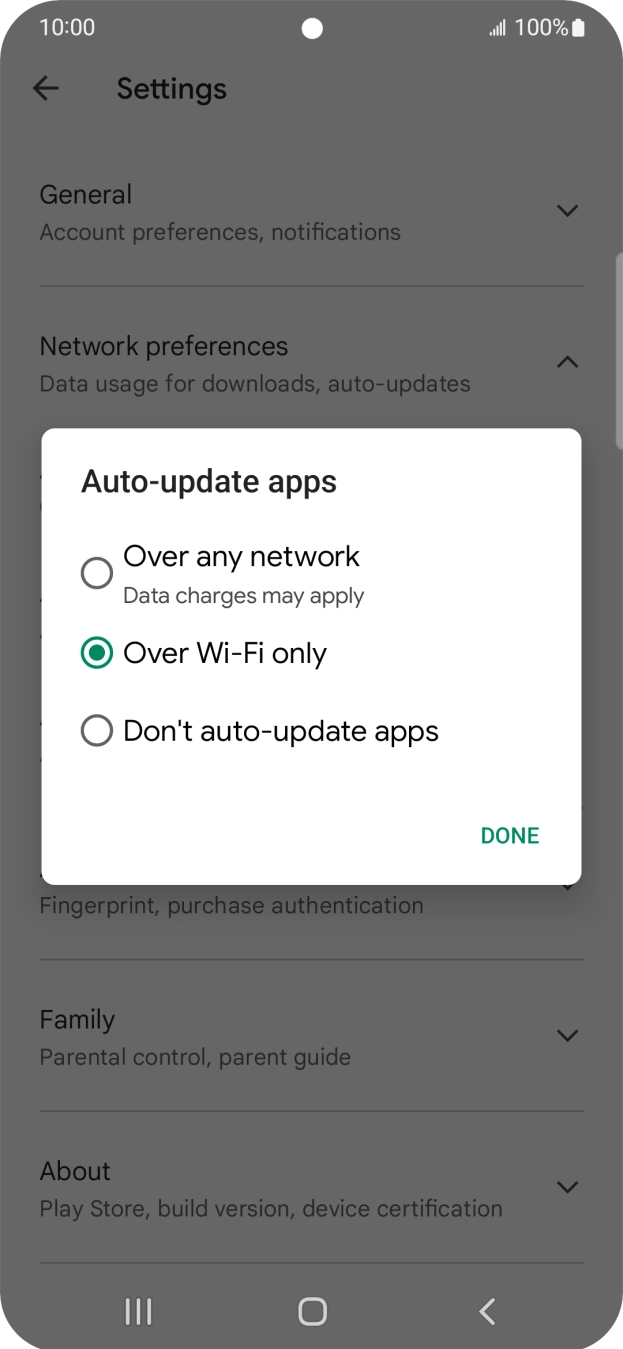 To turn on automatic update of apps using mobile network, press Over any network.
