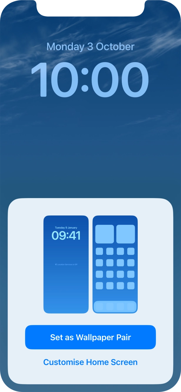 To use the same colour theme on the home screen, press Set as Wallpaper Pair. To use the same colour theme on the home screen, press Set as Wallpaper Pair.