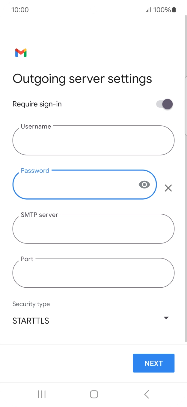 Press the field below 'SMTP server' and key in the name of your email provider's outgoing server. Press the field below 'SMTP server' and key in the name of your email provider's outgoing server.