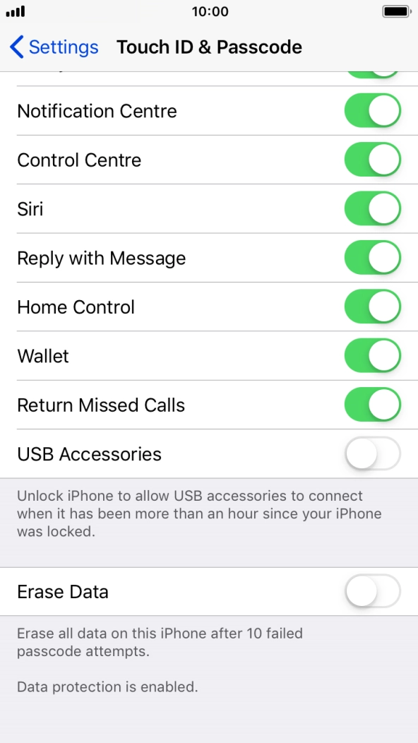 Press the indicator next to 'Erase Data' to turn the function on or off.