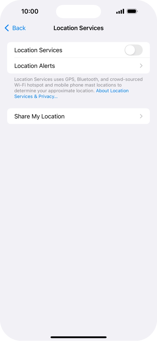 Press the indicator next to 'Location Services' to turn the function on or off.