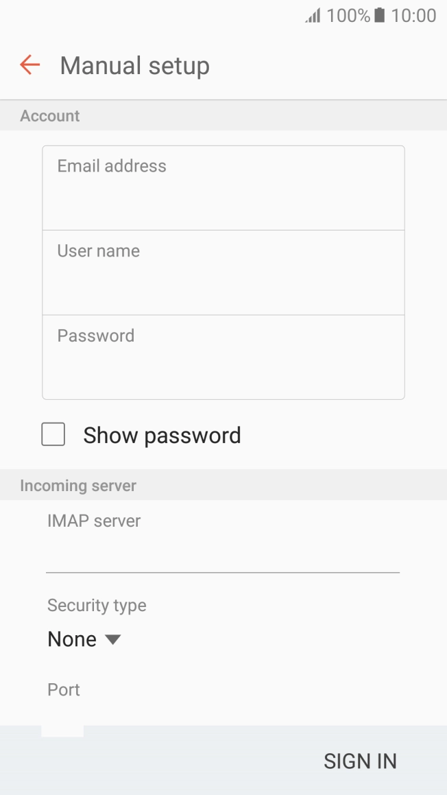 Press the field below 'User name' and key in the username for your email account. Press the field below 'User name' and key in the username for your email account.
