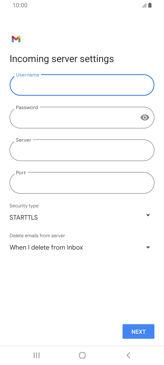 Press the field below 'Server' and key in the name of your email provider's incoming server. Press the field below 'Server' and key in the name of your email provider's incoming server.
