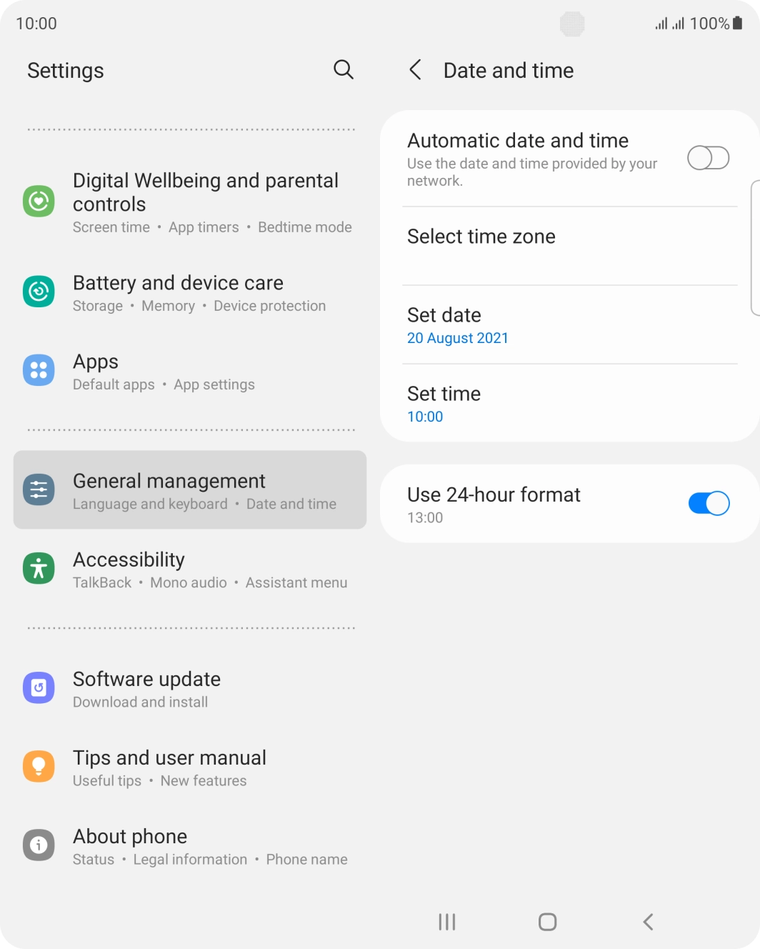 Press the indicator next to 'Automatic date and time' to turn on the function.