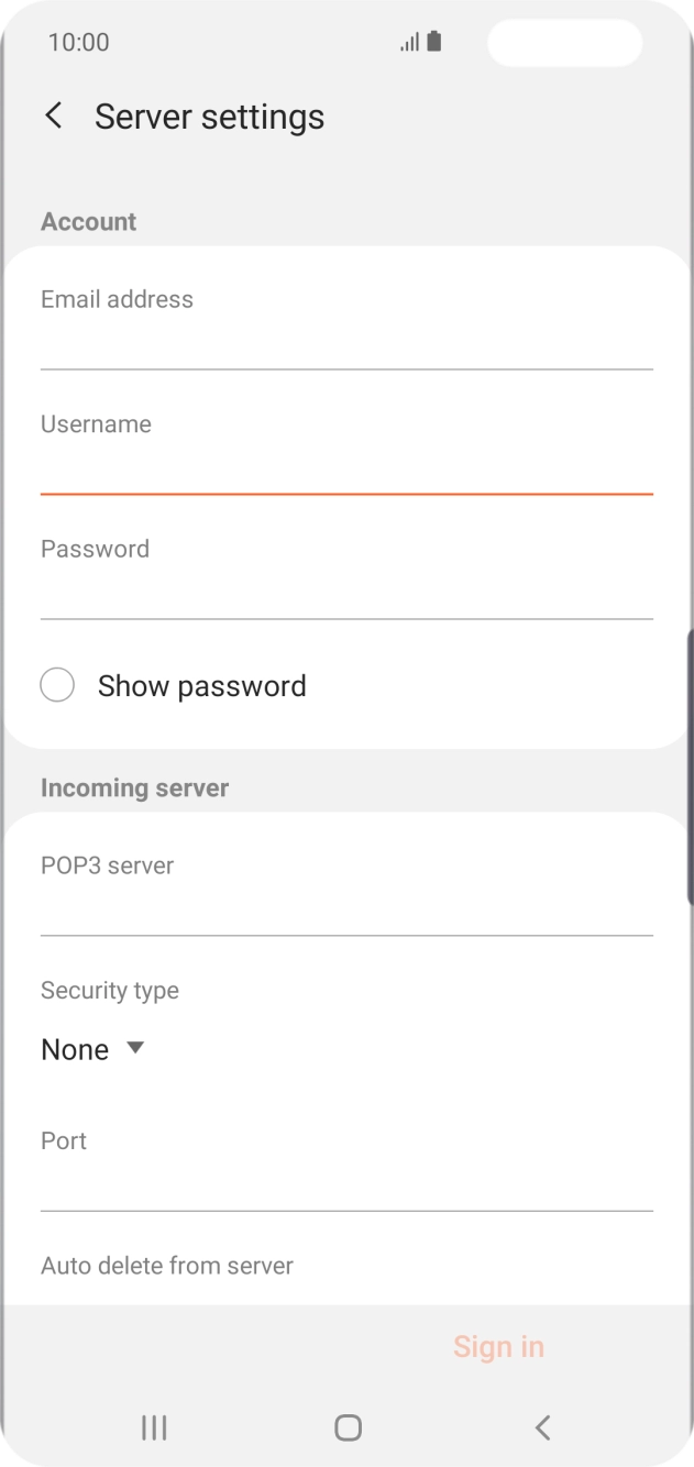 Press the field below 'POP3 server' and key in the name of your email provider's incoming server. Press the field below 'POP3 server' and key in the name of your email provider's incoming server.