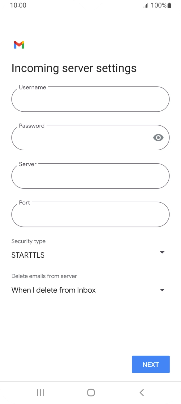Press the field below 'Username' and key in the username for your email account. Press the field below 'Username' and key in the username for your email account.