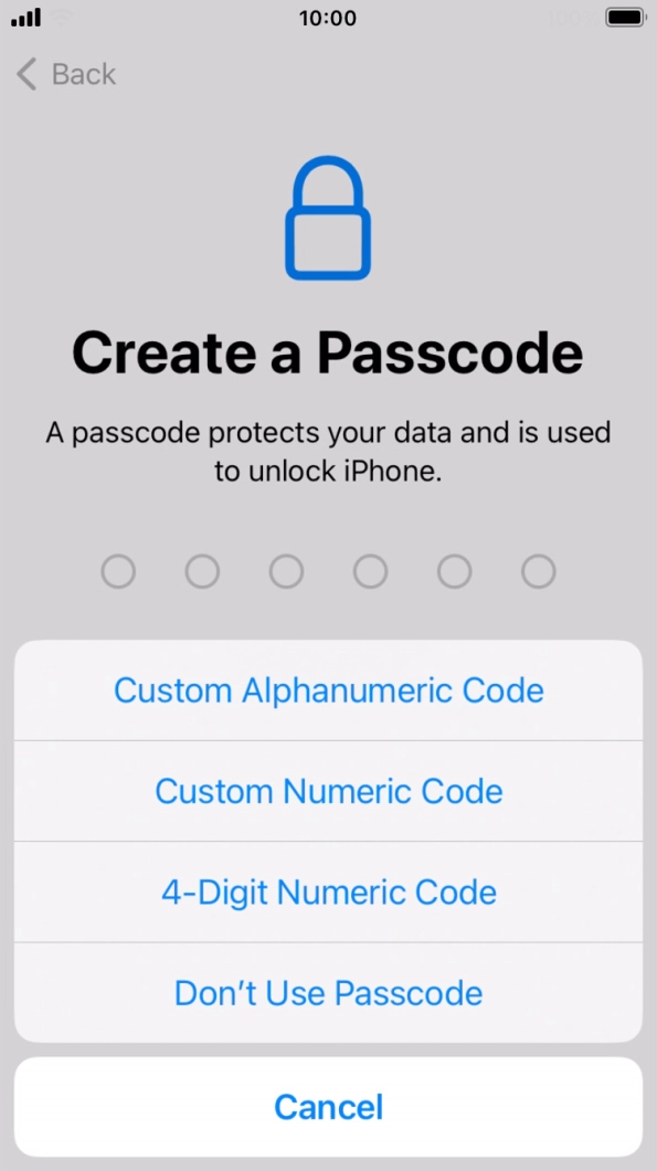 Follow the instructions on the screen to turn on the phone lock code or press Don't Use Passcode.