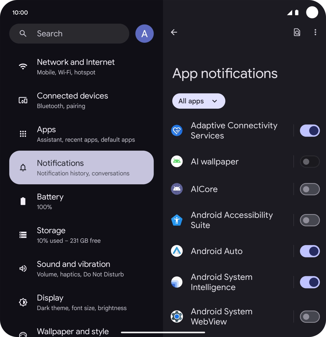 Press the indicator next to the required apps to turn the function on or off.