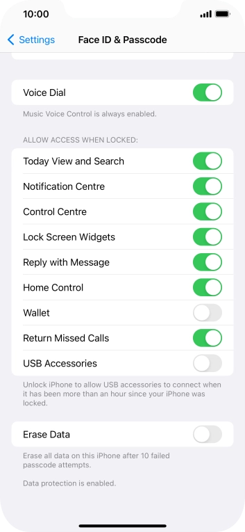 Press the indicator next to 'Erase Data' to turn the function on or off.