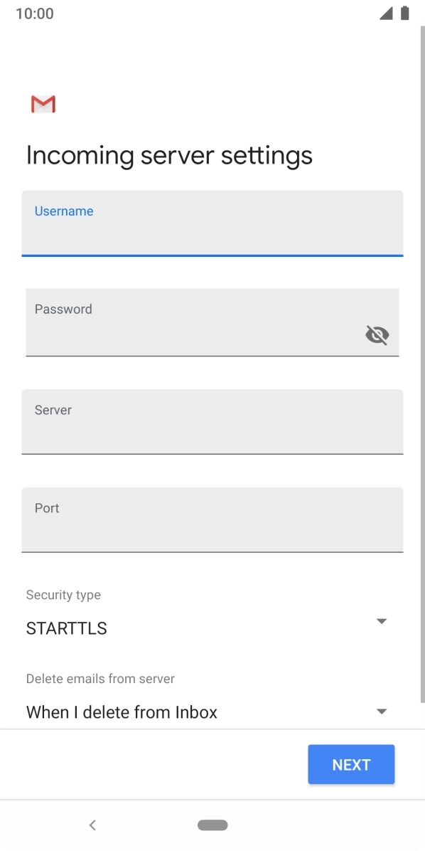 Press the field below 'Server' and key in the name of your email provider's incoming server. Press the field below 'Server' and key in the name of your email provider's incoming server.