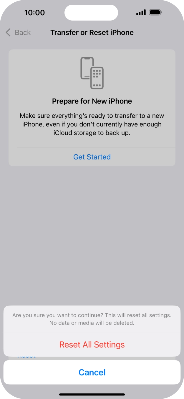 Press Reset All Settings. Wait a moment while the factory settings are restored. Follow the instructions on the screen to set up your phone and prepare it for use.