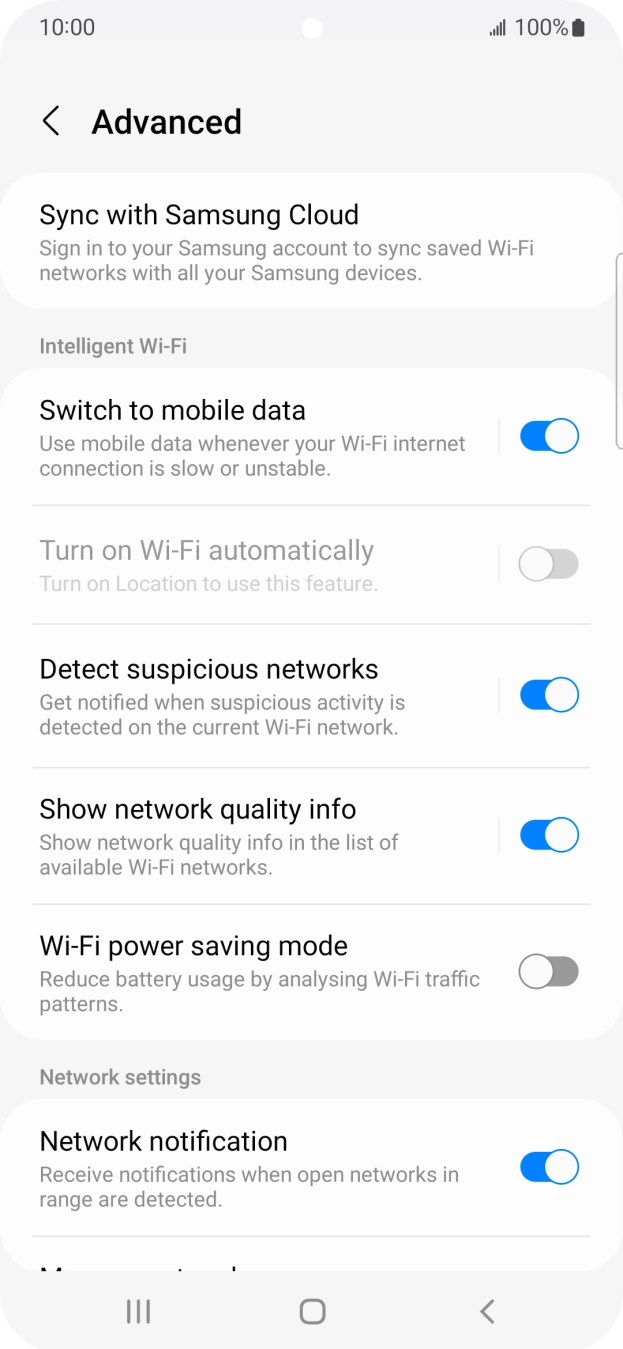 Press the indicator next to 'Switch to mobile data' to turn the function on or off. Press the indicator next to 'Switch to mobile data' to turn the function on or off.