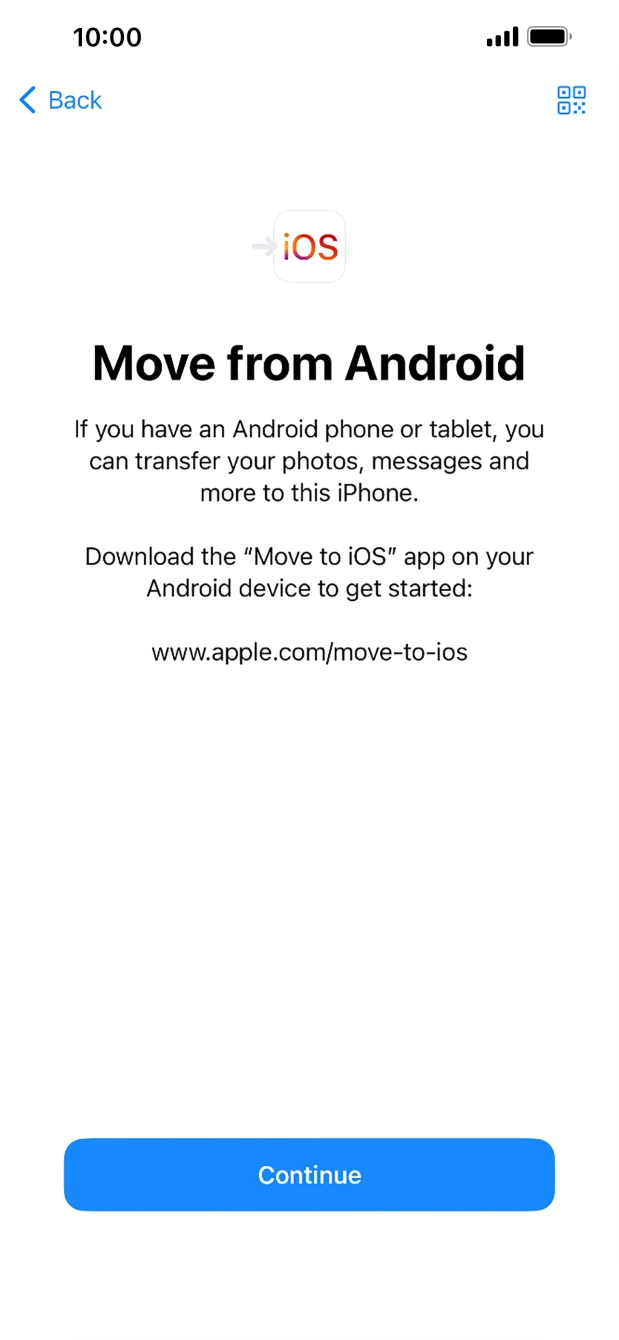 To transfer content to your phone, you need to install the app 'Move to iOS' on the Android phone. When the app is installed, press Continue.