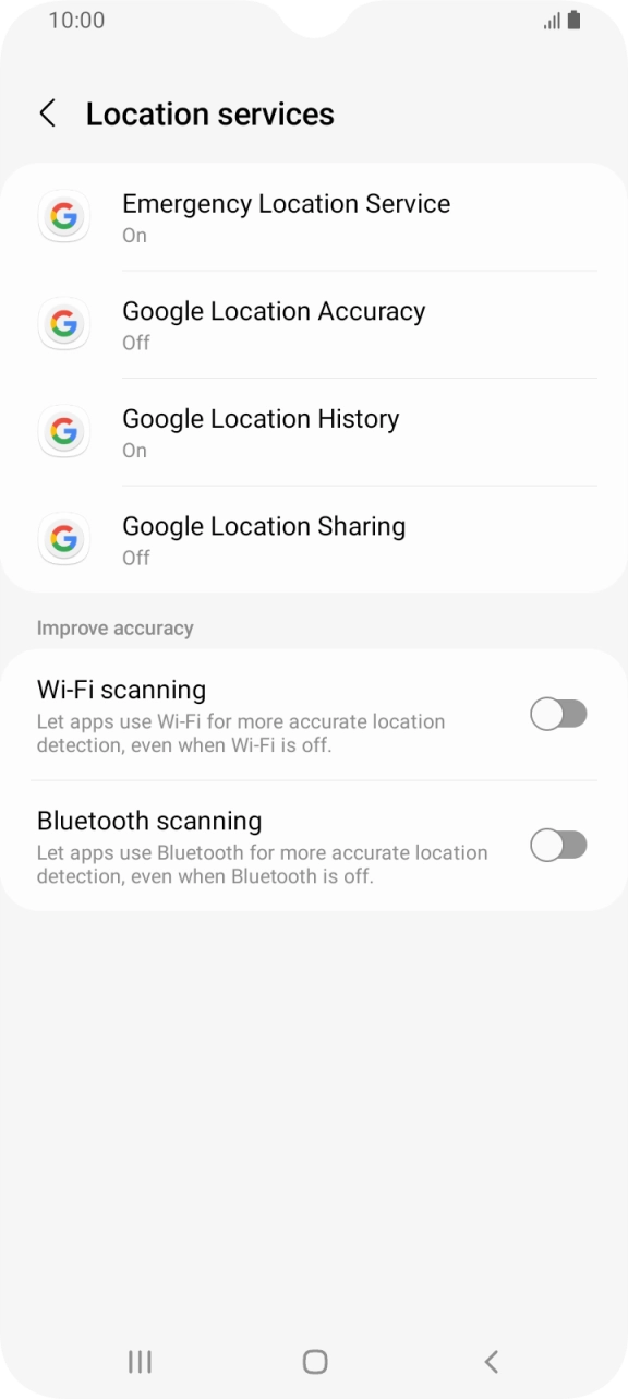 Press Google Location Accuracy. Press Google Location Accuracy.