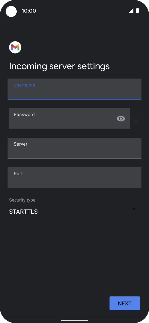 Press the field below 'Server' and key in the name of your email provider's incoming server. Press the field below 'Server' and key in the name of your email provider's incoming server.