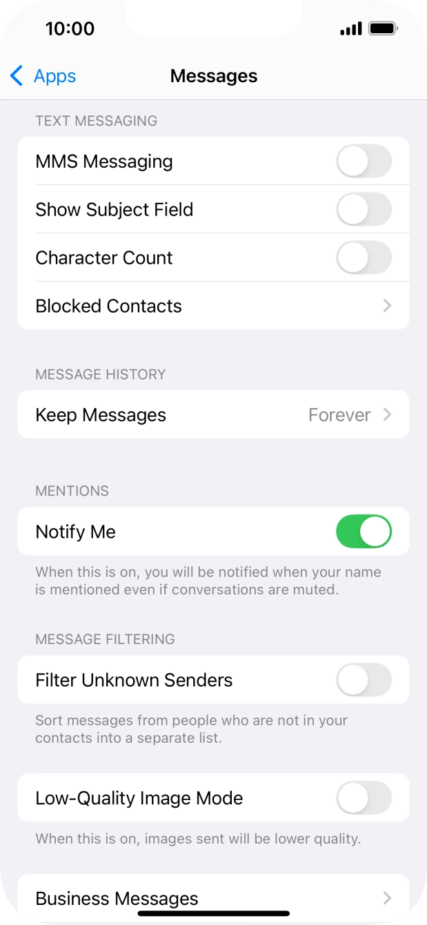 Press the indicator next to 'MMS Messaging' to turn on the function. Press the indicator next to 'MMS Messaging' to turn on the function.
