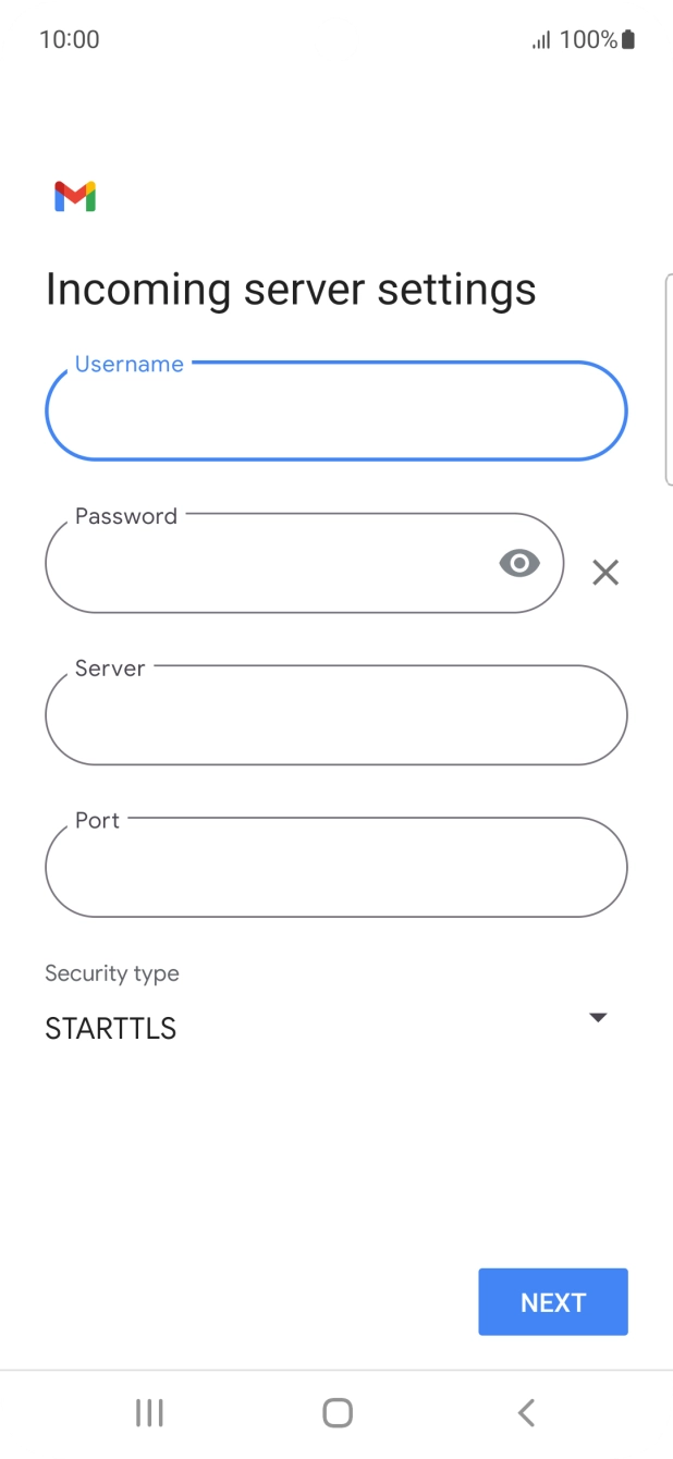 Press the field below 'Server' and key in the name of your email provider's incoming server. Press the field below 'Server' and key in the name of your email provider's incoming server.