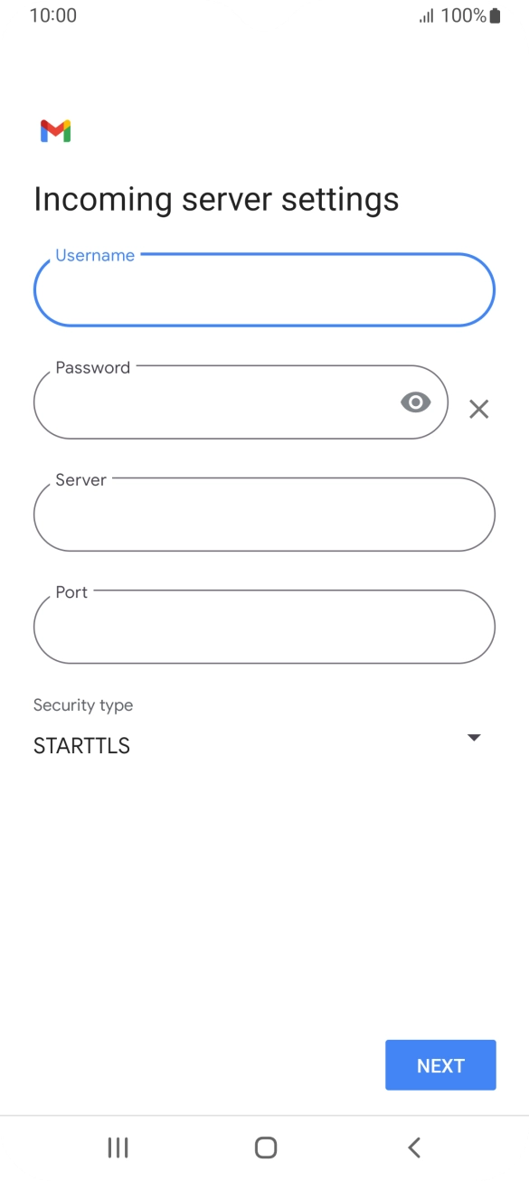 Press the field below 'Server' and key in the name of your email provider's incoming server. Press the field below 'Server' and key in the name of your email provider's incoming server.