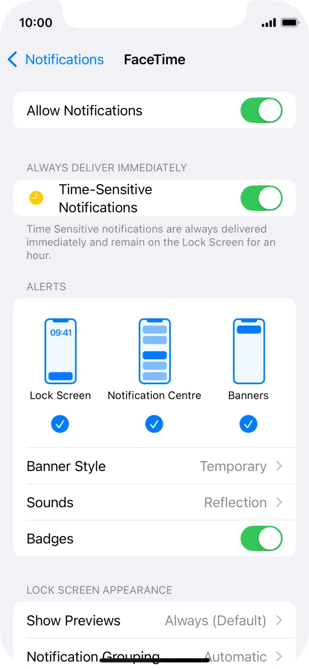 Press the indicator next to 'Allow Notifications' to turn notifications for the selected application on or off.