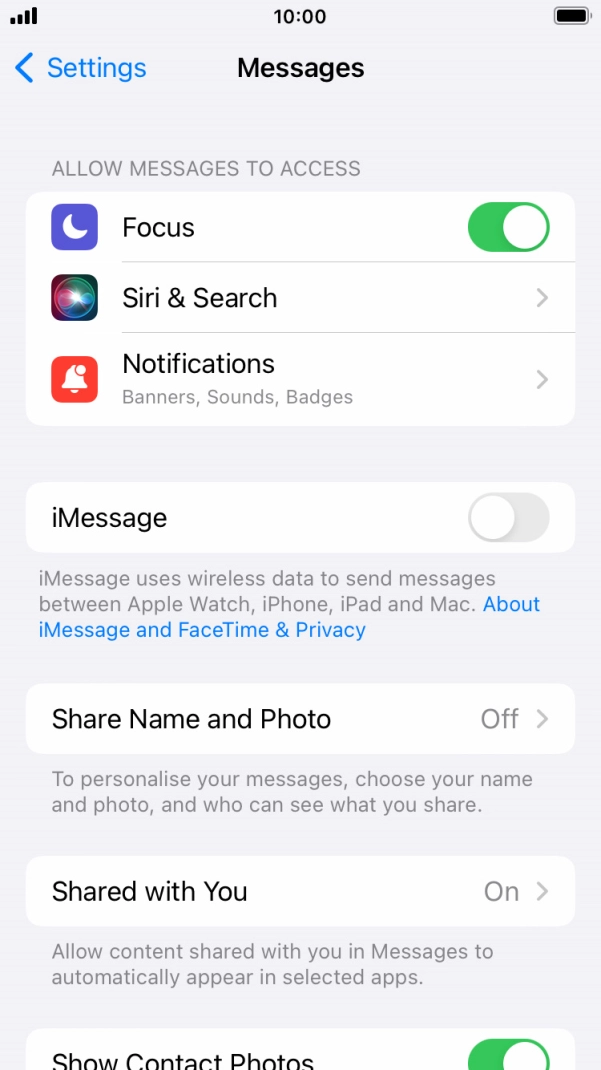 Press the indicator next to 'iMessage' to turn on the function.