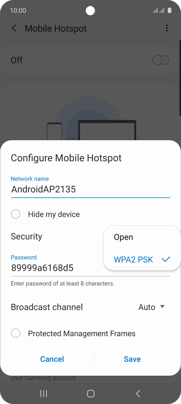 Press WPA2 PSK to password protect your WiFi hotspot.
