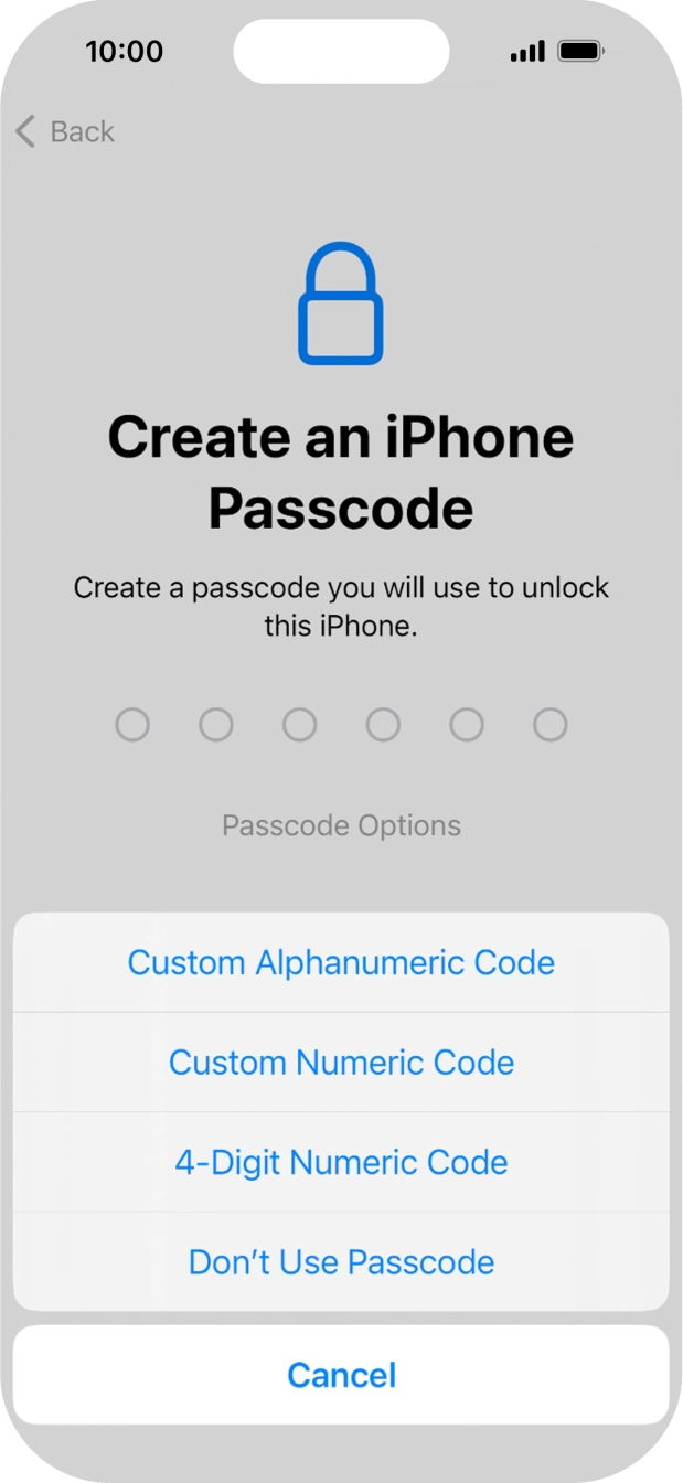 Follow the instructions on the screen to turn on the phone lock code or press Don't Use Passcode.