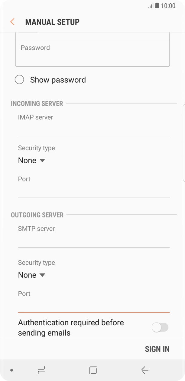 Press the indicator next to 'Authentication required before sending emails' to turn on the function. Press the indicator next to 'Authentication required before sending emails' to turn on the function.