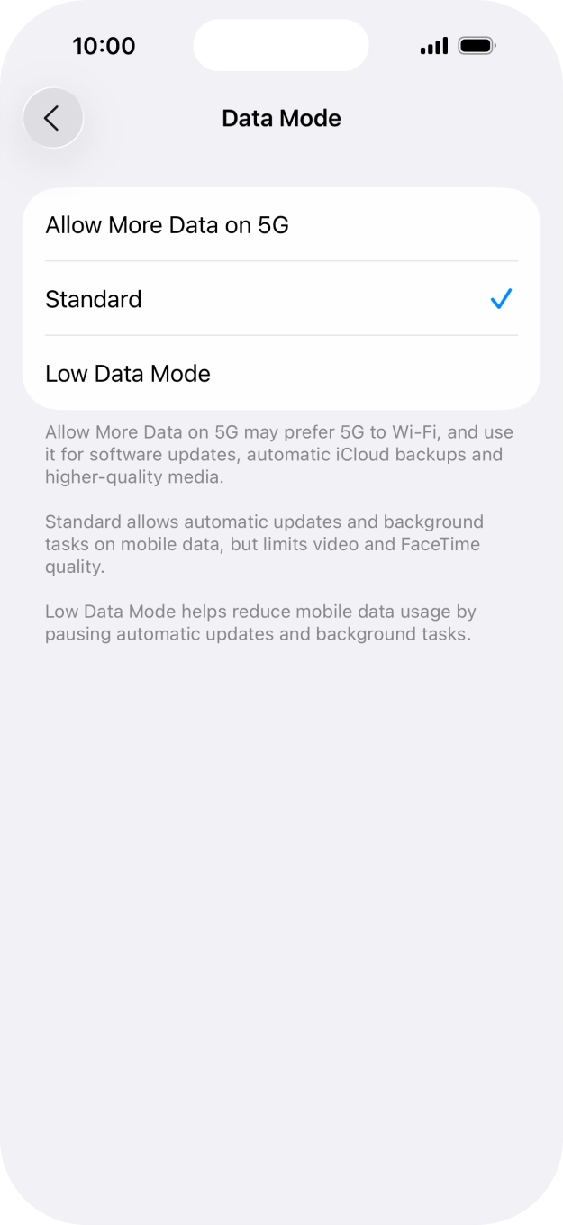 Press the required setting.