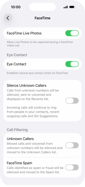 Press the indicator next to 'FaceTime Live Photos' to turn the function on or off. Press the indicator next to 'FaceTime Live Photos' to turn the function on or off.