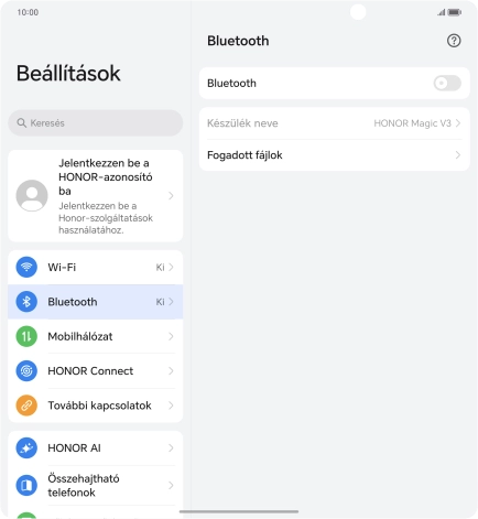 Kattints a „Bluetooth” melletti csúszkára a funkció bekapcsolásához.
