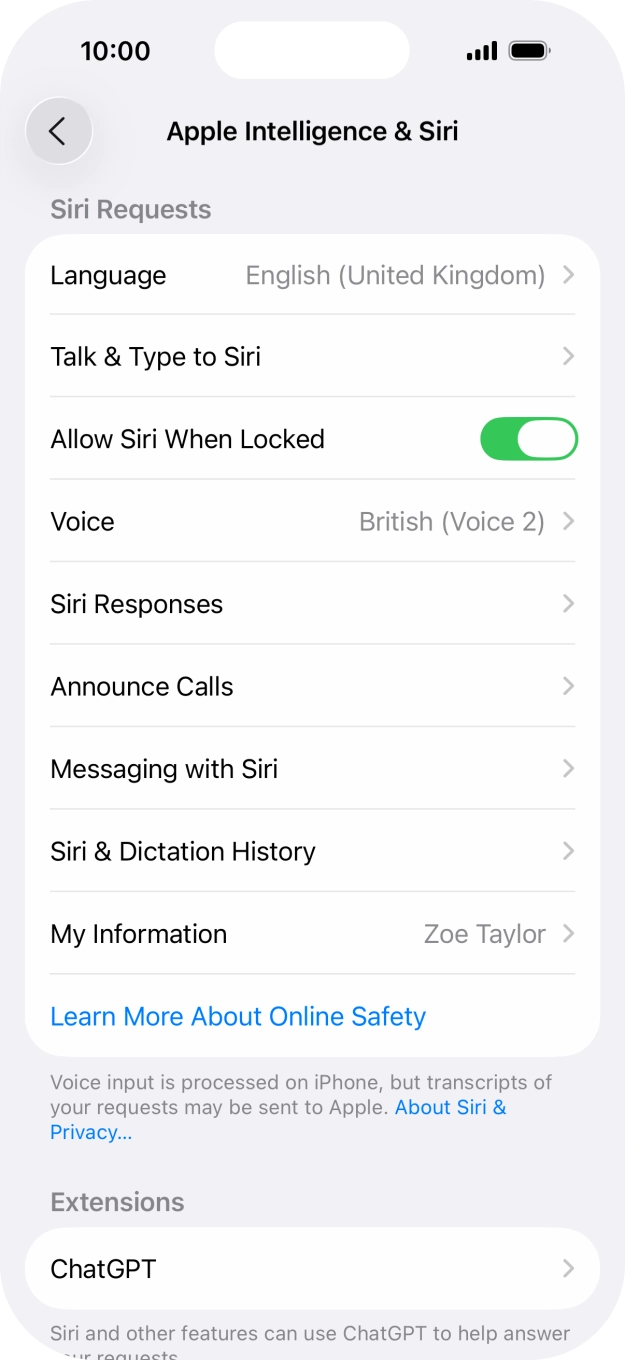 Press the indicator next to 'Allow Siri When Locked' to turn the function on or off. Press the indicator next to 'Allow Siri When Locked' to turn the function on or off.