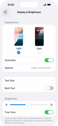 If you turn on the function, press Options and follow the instructions on the screen to select the required period of time for Dark Mode.