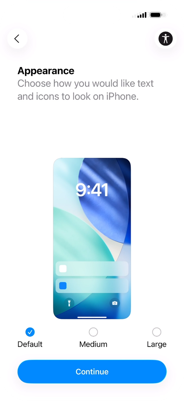 Select the required text and icon size on your phone and press Continue. Select the required text and icon size on your phone and press Continue.