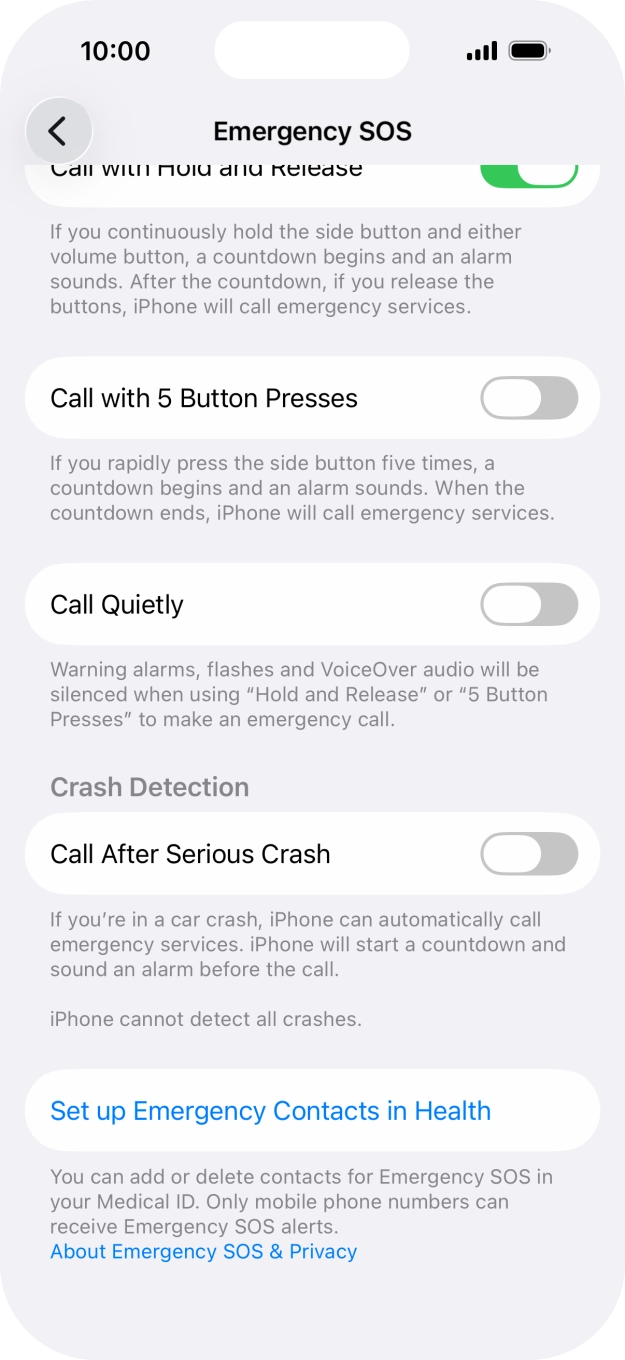Press the indicator next to 'Call After Serious Crash' to turn on the function.