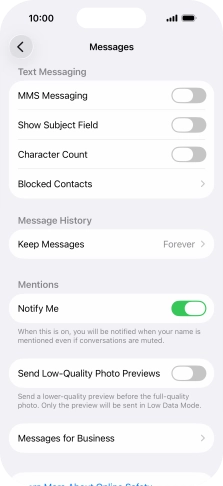 Press the indicator next to 'MMS Messaging' to turn on the function.