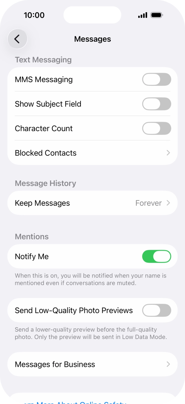 Press the indicator next to 'MMS Messaging' to turn on the function. Press the indicator next to 'MMS Messaging' to turn on the function.