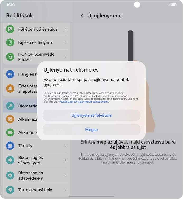 Válaszd az Ujjlenyomat felvétele lehetőséget.