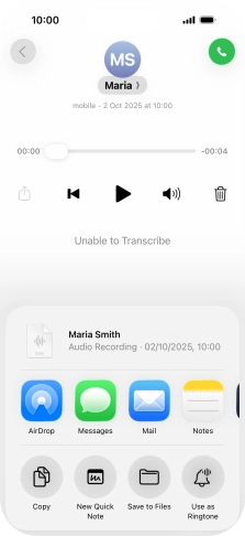 Press the required setting and follow the instructions on the screen to share or save the message.