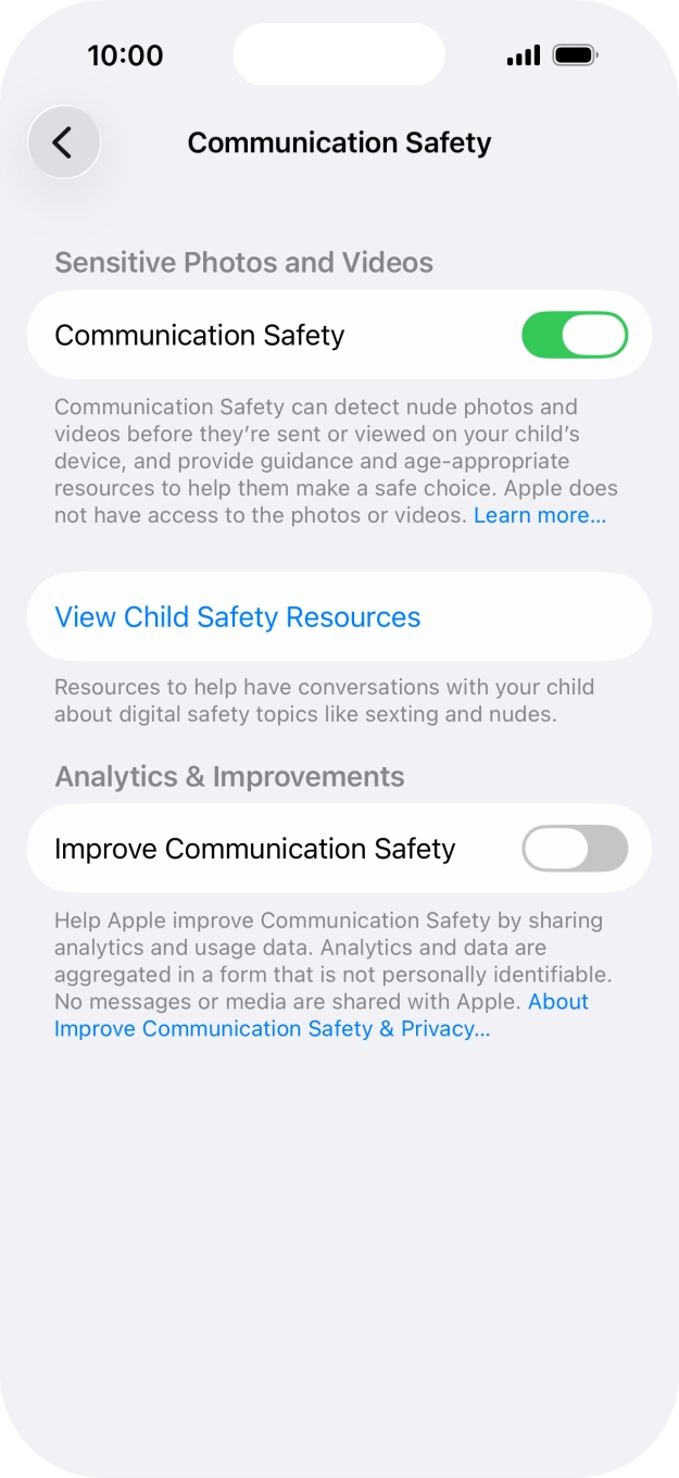 Press the indicator next to 'Communication Safety' to turn the function on or off.