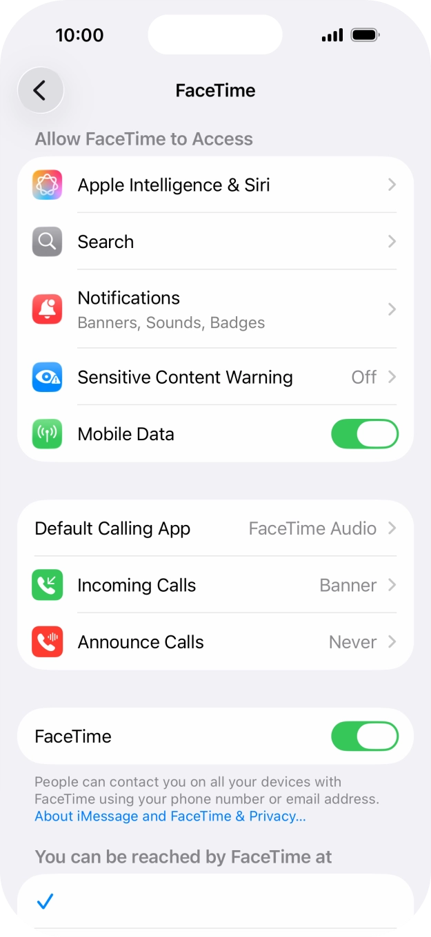 Press the indicator next to 'FaceTime' to turn the function on or off. Press the indicator next to 'FaceTime' to turn the function on or off.