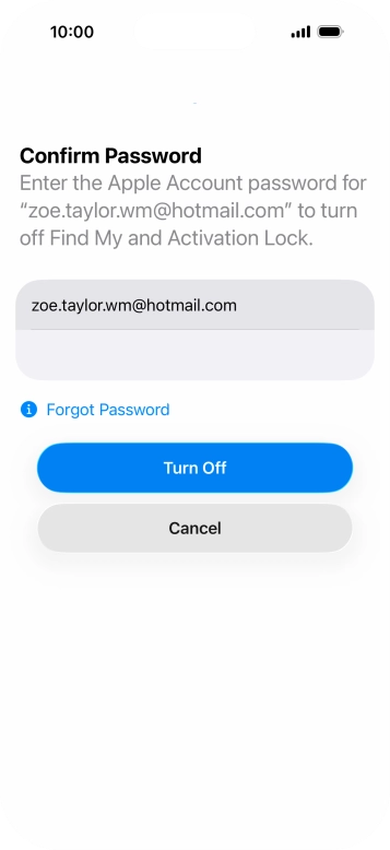 Key in the password for your Apple Account and press Turn Off. Wait a moment while the factory settings are restored. Follow the instructions on the screen to set up your phone and prepare it for use.