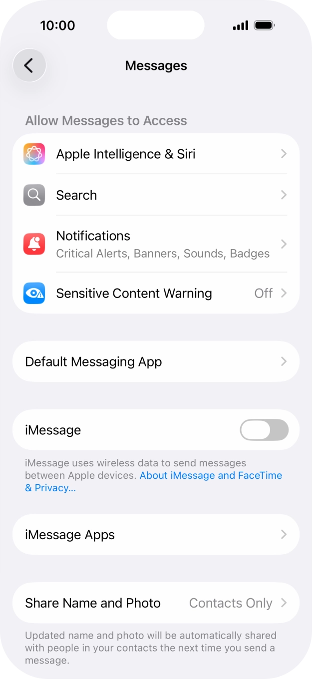 Press the indicator next to 'iMessage' to turn on the function.