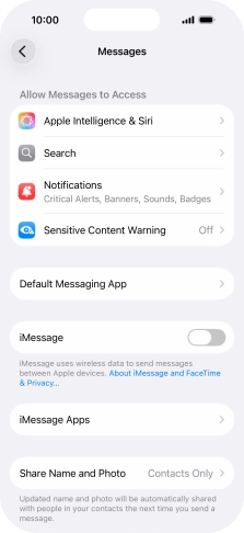 Press the indicator next to 'iMessage' to turn on the function.