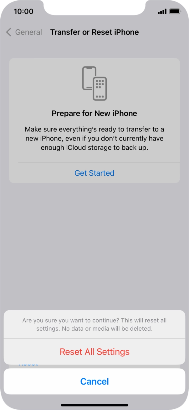 Press Reset All Settings. Wait a moment while the factory settings are restored. Follow the instructions on the screen to set up your phone and prepare it for use.