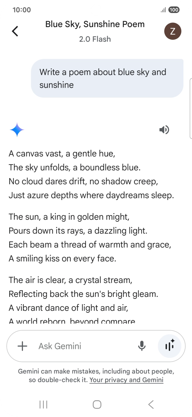 You can ask Gemini to generate a text based on your description. You can ask Gemini to generate a text based on your description.