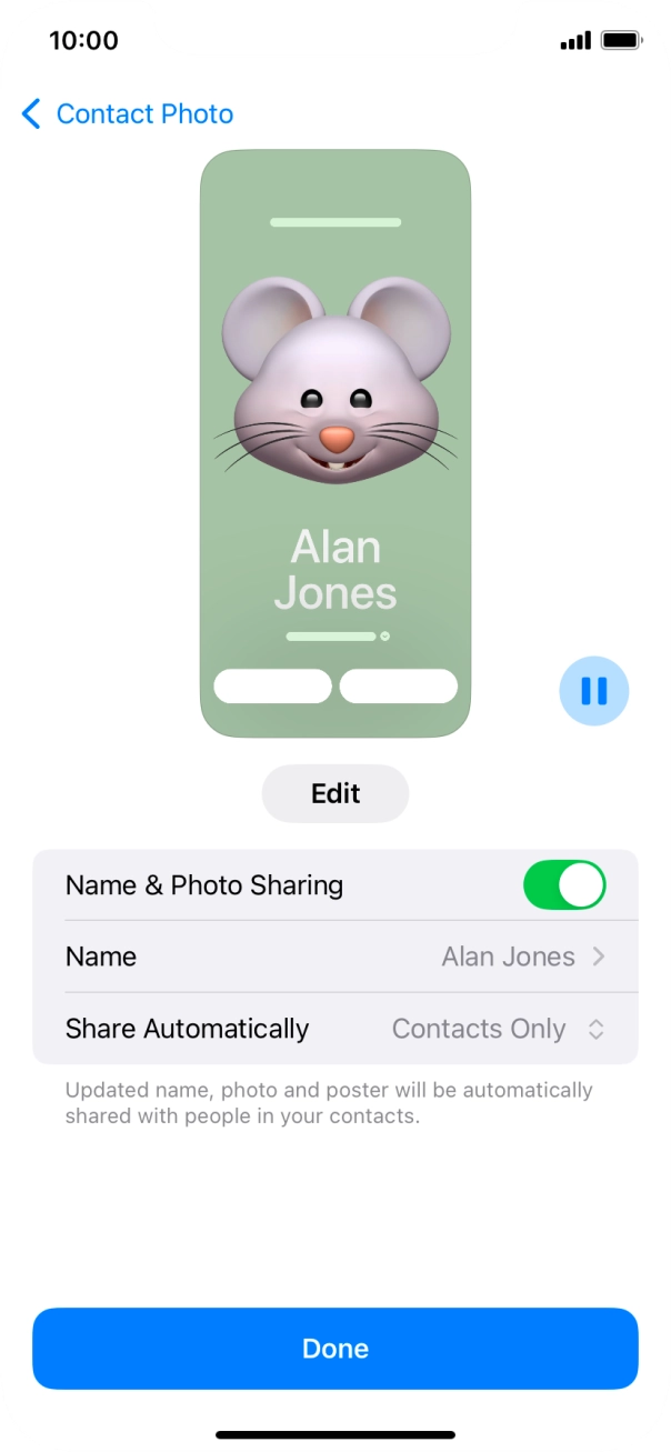 Press the indicator next to 'Name & Photo Sharing' to turn the function on or off. Press the indicator next to 'Name & Photo Sharing' to turn the function on or off.