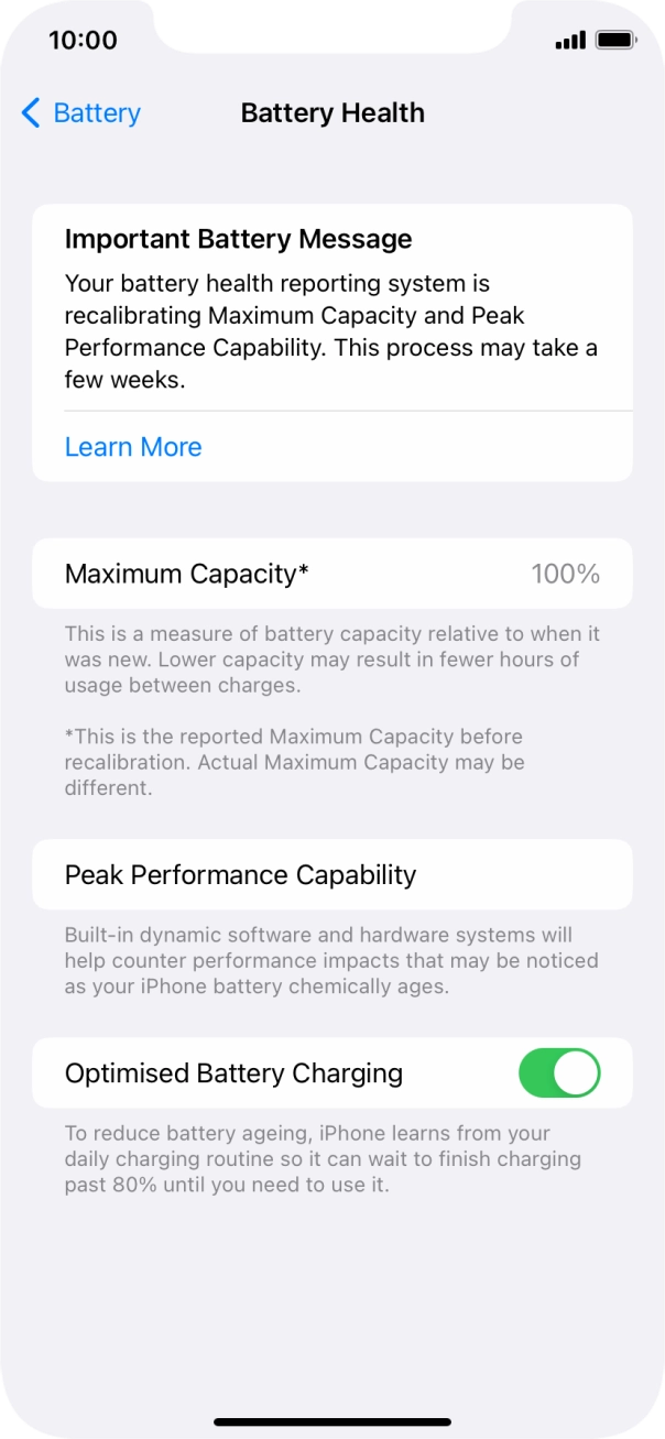 Press the indicator next to 'Optimised Battery Charging' to turn the function on or off.