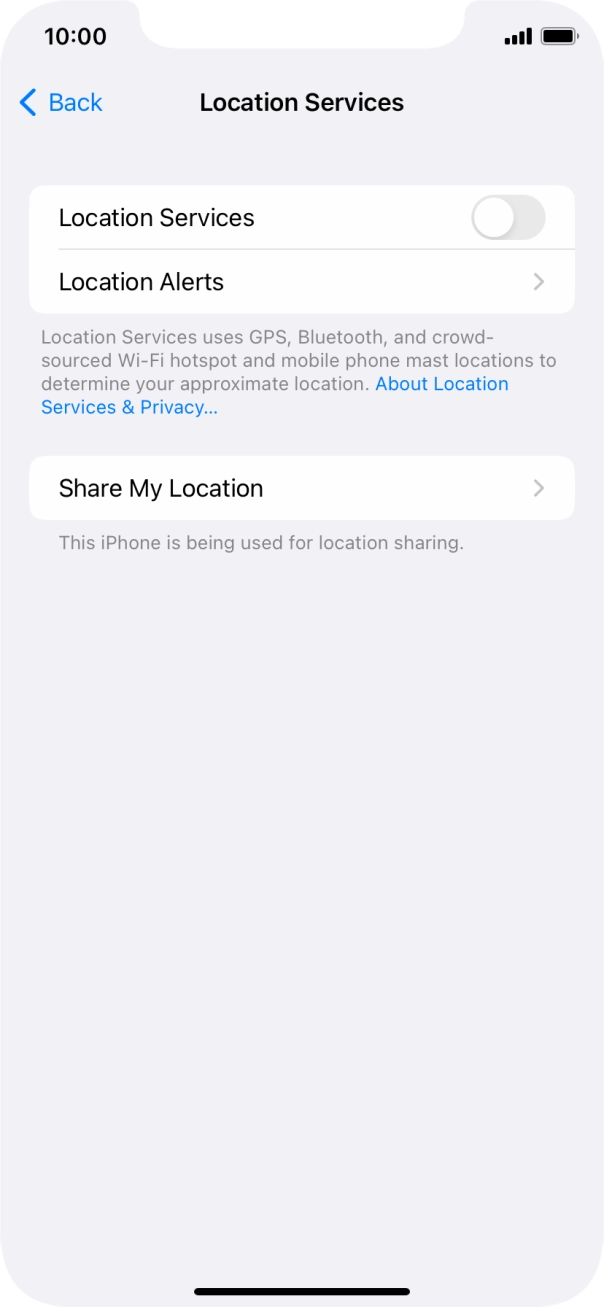 Press the indicator next to 'Location Services' to turn the function on or off. Press the indicator next to 'Location Services' to turn the function on or off.